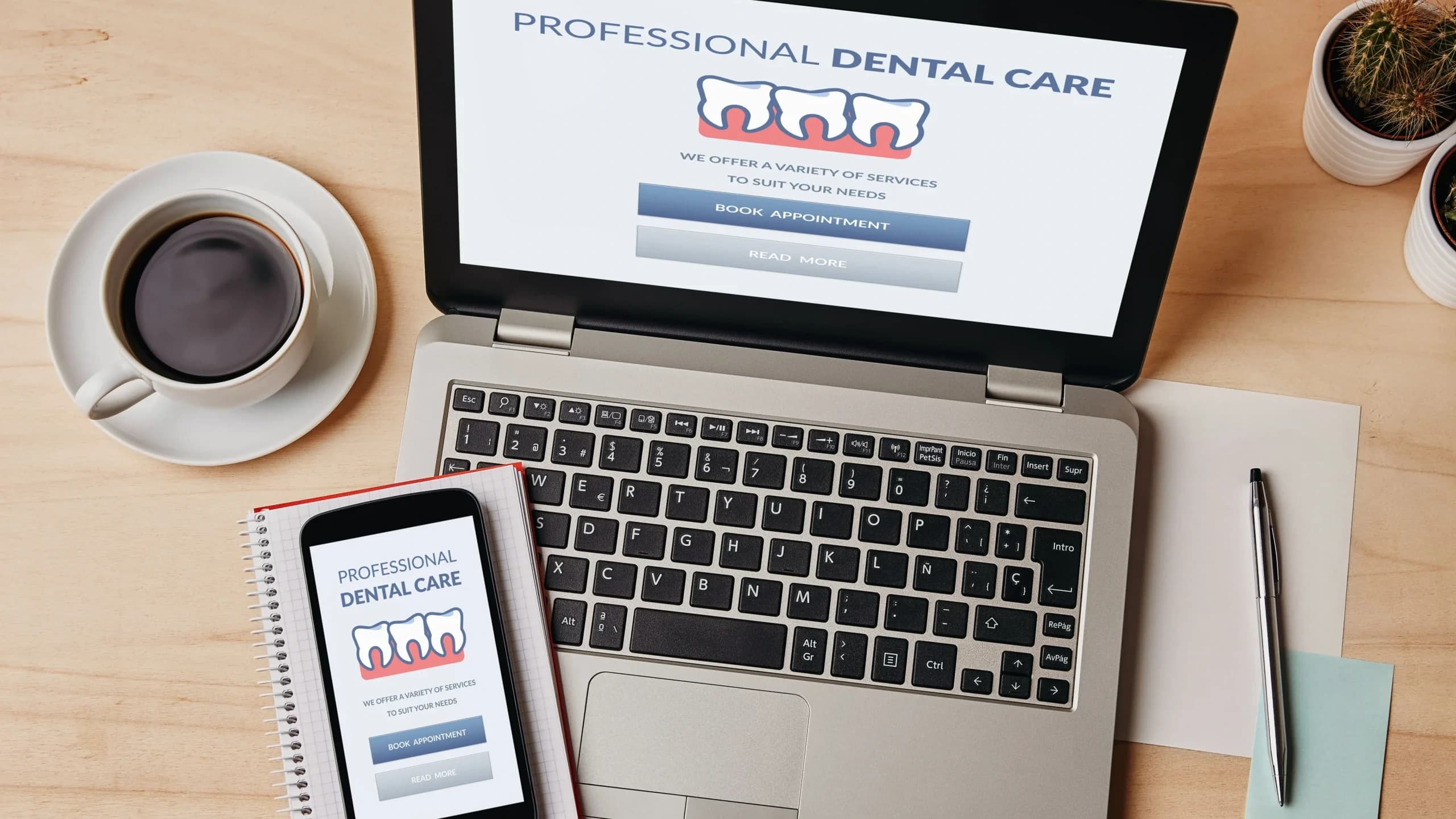 a laptop and a mobile phone which has professional dental care written on screens