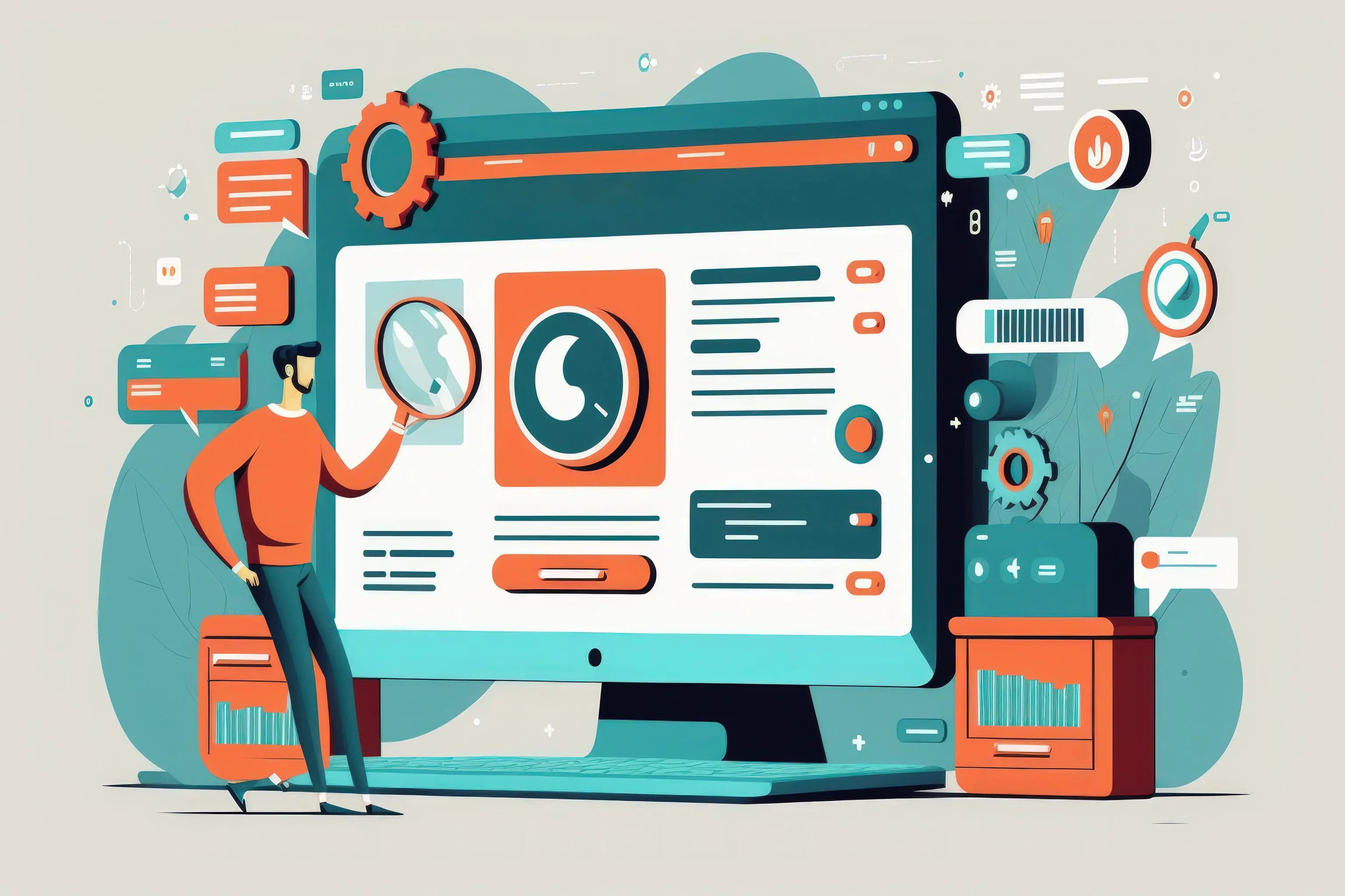 Illustration of a person holding a magnifying glass over an enlarged computer screen